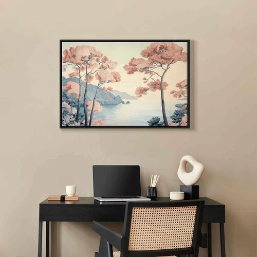  Slika - Landscape with the Ocean Cliffs and Trees in Delicate Pink Shades 60x40 U crnom drvenom okviru Slike