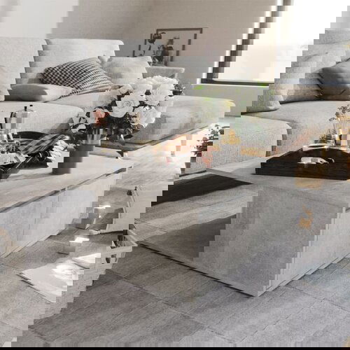 VidaXL Klubska mizica betonsko siva 80x80x31 cm iverna plo&amp;scaron;ča Slike