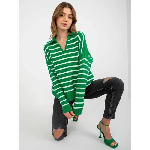 Fashion Hunters Green-white oversize striped sweater with collar