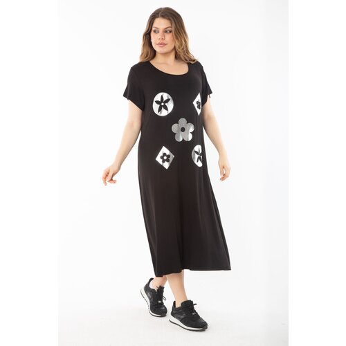 Şans Women's Plus Size Black Lame Printed Dress Slike
