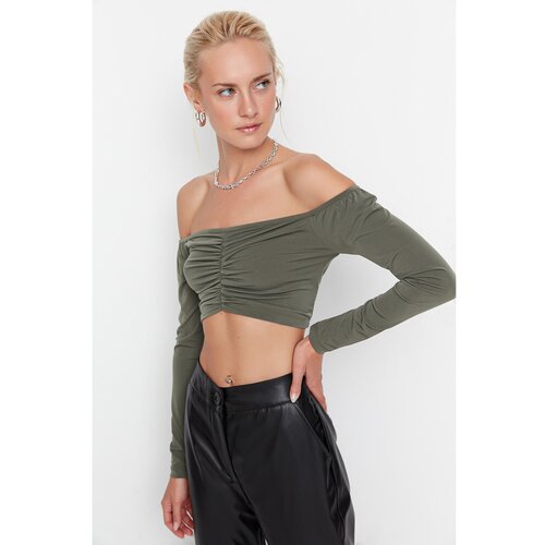 Trendyol Khaki Carmen Collar Pleated Knitted Blouse Blouse Slike