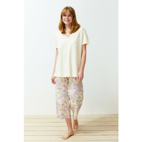 Trendyol Yellow 100% Cotton Floral Knitted Pajamas Set Cene