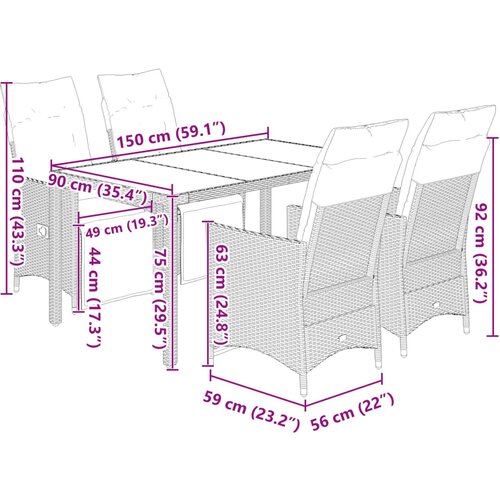  5-dijelni vrtni bistro set od poliratana s jastucima crni Crna 150 x 90 x 75 cm Slike