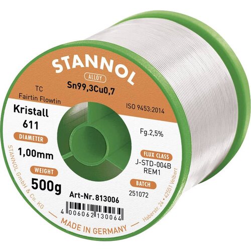 Stannol mehka spajkalna žica kristall 611 v zlitini flowtin tc Sn99Cu1 z 2\,5% pretoka 1\,0 mm na premeru 500 mm kristall 611 fairtin spajkalna žica\, neosvinčena neosvinčeni Sn99\,3, (20395517) Slike