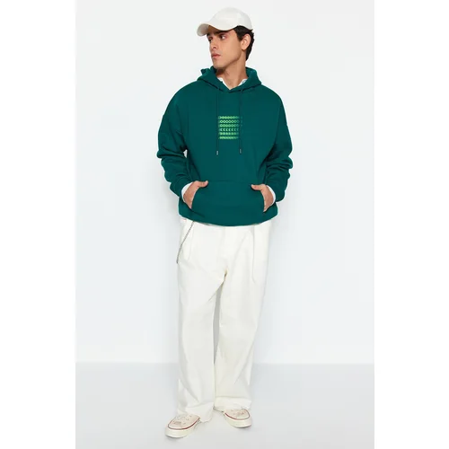 Trendyol Dark Green Men's Oversized Hooded Labyrinth Printed Sweatshirt with a Soft Pile Inside.