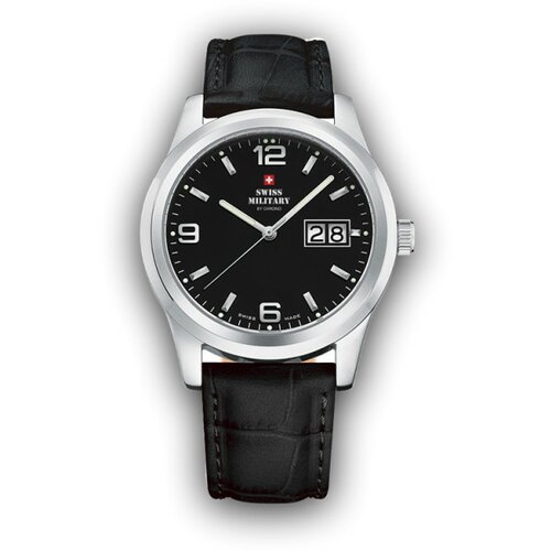 Swiss Military chrono quartz crni srebrni sportsko elegantni ručni sat sa crnim kožnim kaišem 601418 Slike