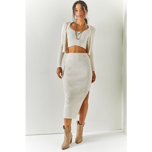 Olalook Women's Stone Cardigan Blouse and Skirt 3-Piece Sweater Suit Cene