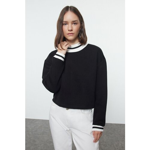 Trendyol Black Relaxed/Comfortable Fit Slogan Embroidered Thick Knitted Sweatshirt Slike