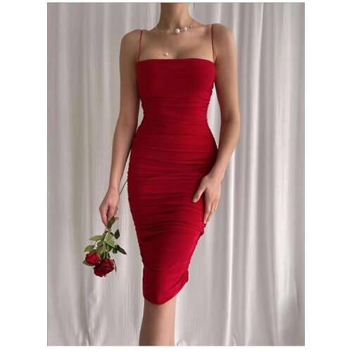 Dewberry 64500 Thin Strap Draped Midi Evening Dress-RED Cijene