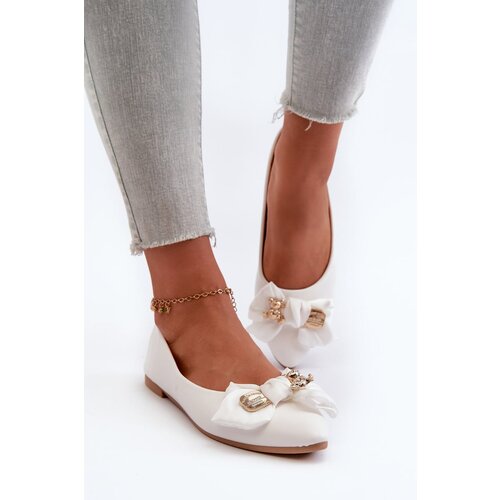 PS1 Women&amp;#039;s Eco Leather Ballerina Flats with Bow and Brooch White Satris Slike