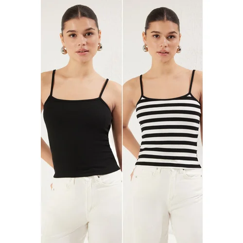 Trendyol Black-Black/White Striped 2-Pack Fitted/Fits Body Ribbed Stretch Knit Undershirt