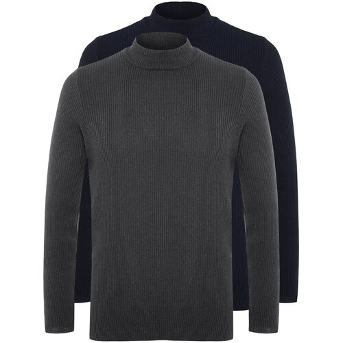 Trendyol Navy Blue-Anthracite Men&amp;#039;s Fitted Tight Fit Half Turtleneck Elastic Knit 2-Pack Knitwear Sweater. Slike