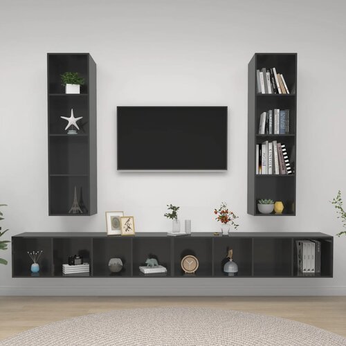 The Living Store Stenska TV omarica 4 kosi visok sijaj sive barve iverna plošča - TV Omarica, (21376965) Cene