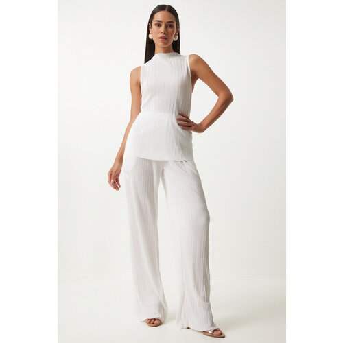 Happiness İstanbul Women's White Pleated Sleeveless Knitted Blouse Palazzo Pants Set Cijene