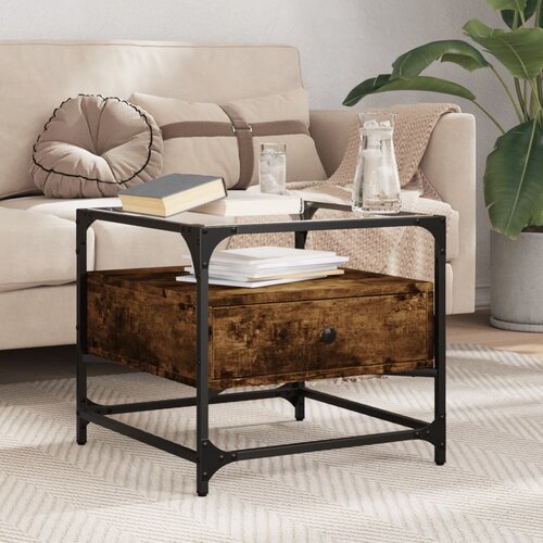 VidaXL Klubska mizica s steklom dimljeni hrast 50x50x45 cm jeklo Slike