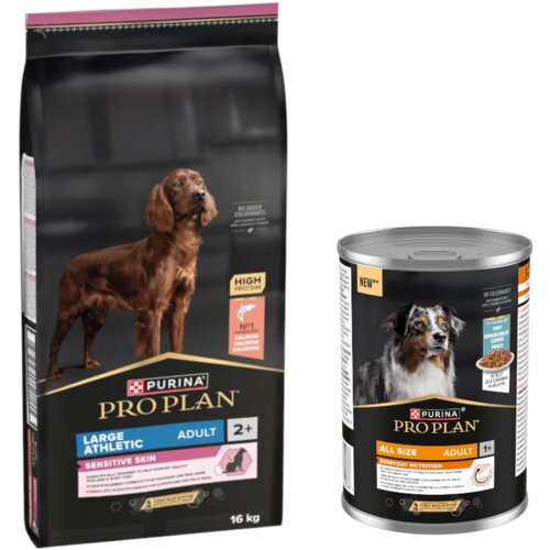  16 kg PURINA PRO PLAN + 12 x 400 g mokre hrane / 3 kg suhe hrane gratis! - Large Athletic Adult Sensitive Skin losos + 12 x 400 g All Size Adult Everyday Nutrition u želeu s ribom Slike