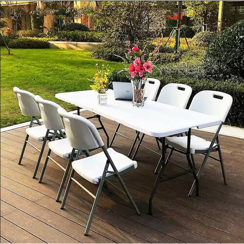 Komplet beli plastični sklopivi sto sa metalnom konstrukcijom i 6 stolica Cene