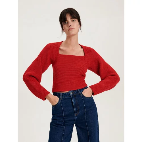 Reserved pulover s kvadratnim izrezom - rdeča