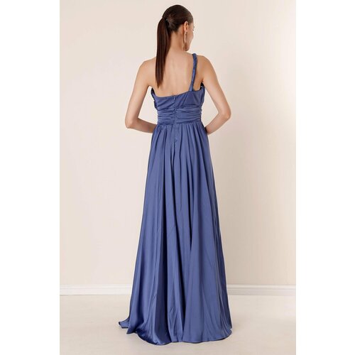 By Saygı Knitting Single Strap Waist Pleated Lined Long Evening Dress with a Slit dark indigo. Slike