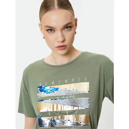 Koton Crew Neck T-Shirt Printed Double Sided Sequined Short Sleeve
