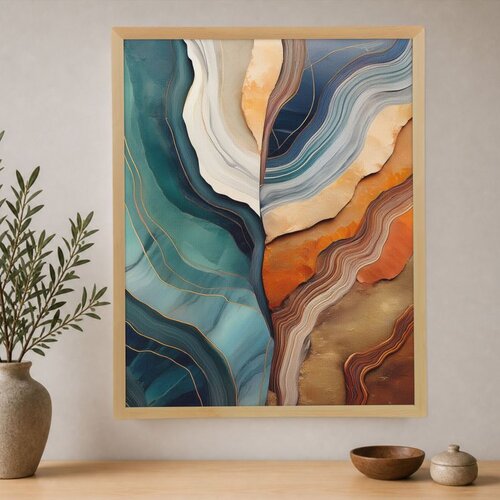 Wallxpert uramljena slika na platnu Cc-D-Ah-1017, apstraktni slojevi nalik ahatu u petrolej, beloj i narandžastoj, 45 x 60 cm Slike