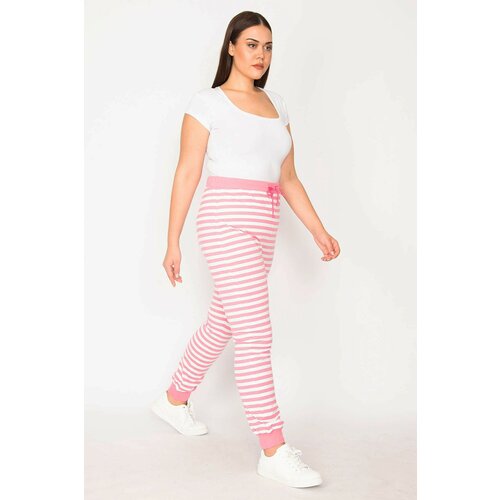 Şans Women's Large Size Pink Cotton Fabric Eyelet Lacing Detailed Striped Leggings Trousers Slike