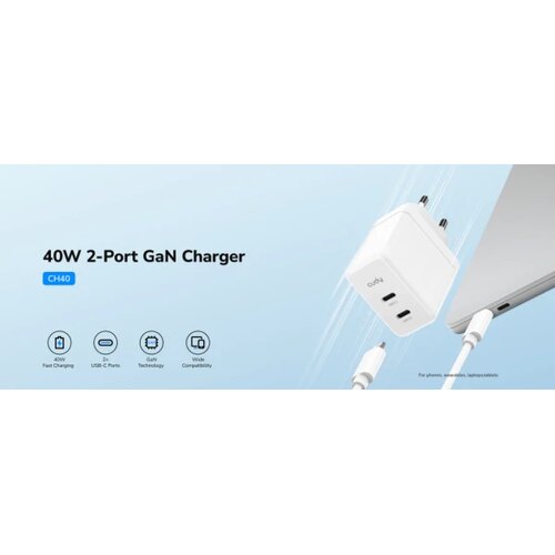 Cudy CH40_EU Brzi punjac za telefone,laptopove I tablete PD+PPS+QC, 2&times; USB-C , 40W Cene
