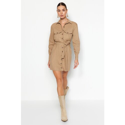 Trendyol Camel Belted and Buttoned Woven Shirt Dress Slike