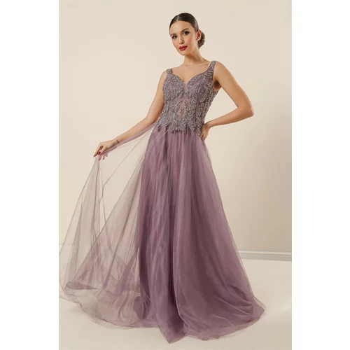 By Saygı Front Back V-Neck Beaded Lined Long Tulle Dress Lilac