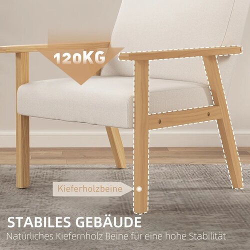  Tapecirana fotelja s naslonima za ruke blagovaonska stolica u izgledu lana okvir od punog drva 64 x 70 x 72 cm krem Slike