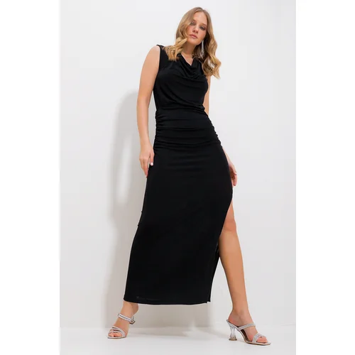 Trend Alaçatı Stili Women's Black Turndown Collar Draped Slit Buzzy Evening Dress