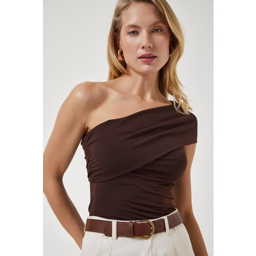  Women&amp;#039;s Brown One-Shoulder Gathered Knitted Blouse Slike