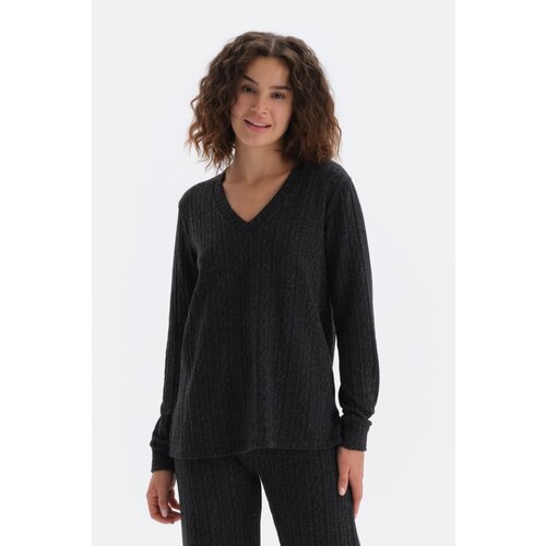 Dagi Anthracite V-Neck Long Sleeve Knitted Sweatshirt Cene