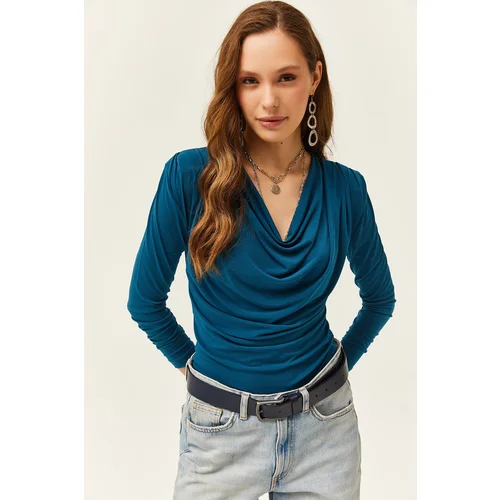 Olalook Women's Petrol Blue Padded Pleated Collar Blouse