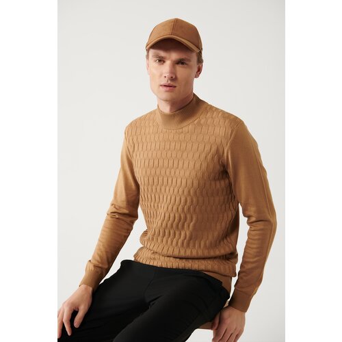 Avva Men's Camel Knitwear Sweater Half Turtleneck Front Textured Cotton Standard Fit Regular Cut Slike