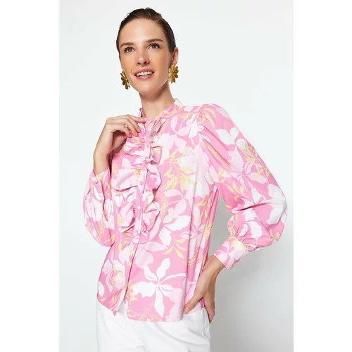 Trendyol Pink Floral Knitted Chiffon Shirt With Ruffles