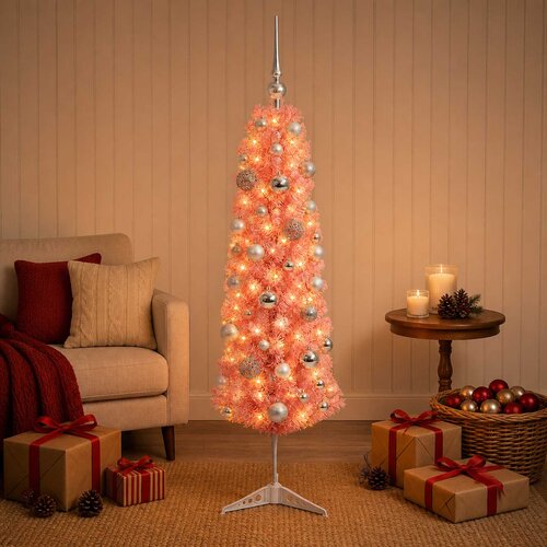  Umjetno vitko božićno drvce s kuglicama 150 cm 150 LED lampica Slike