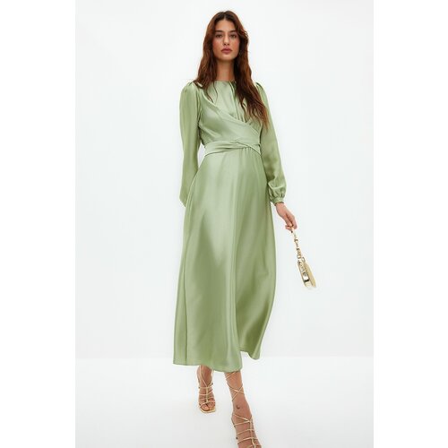 Trendyol Light Green Cross Tie Detailed Satin Look Evening Dress Cene