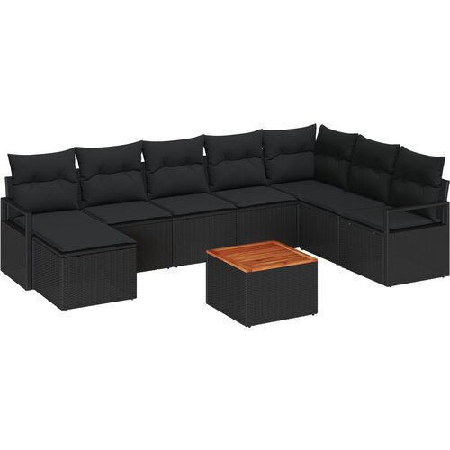 VidaXL 9-dijelni set vrtnih sofa s jastučićima, crni poli ratan, drvo bagrema, 2-sjedna vrtna sofa s jastučićima, crni poli ratan Slike