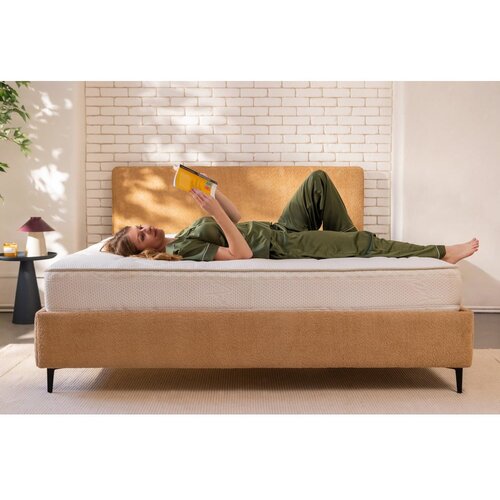 Bonami Selection Tapecirani bračni krevet s madracem/letvičastim okvirom 180x200 cm u boji senfa Noira Slim - Slike