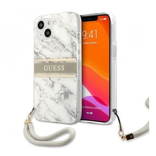 Guess GUHCP13SKMABGR za iPhone 13 Mini - siv marmor shock silikonski ovitek s sivo zapestnico Cene