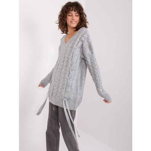 Fashion Hunters Grey women's sweater with cables Cene