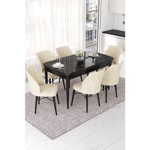 Hanah home Nef - Black Marble, Cream Black MarbleCream Extendable Dining Table & Chairs Set (7 Pieces) Cene
