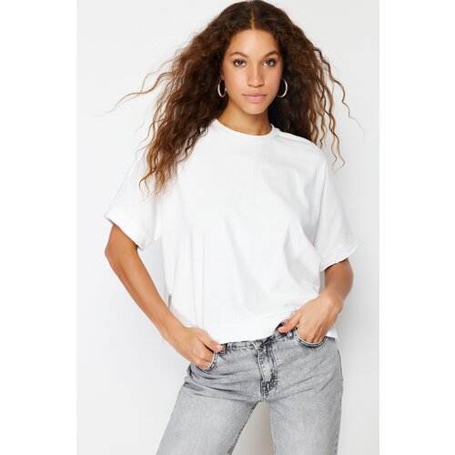 Trendyol Ecru 100% Cotton Cut and Slit Detailed Oversize/Comfortable Cut Knitted T-Shirt Slike