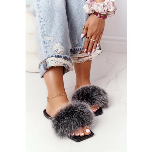 Kesi Leather Slippers With Eco Fur Black-White Love You So