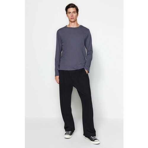 Trendyol Black-Navy Blue-Dark Gray Men's 3-Pack 100% Cotton Long Sleeve Slim/Tight Fit Basic T-Shirt Cene