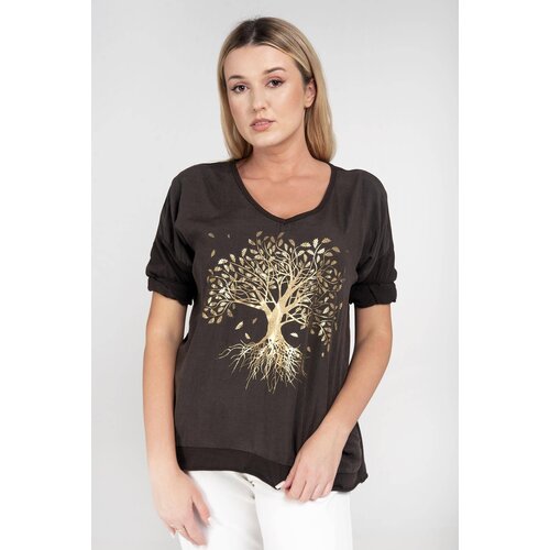 New collection Brown blouse with a print with an admixture of linen Slike
