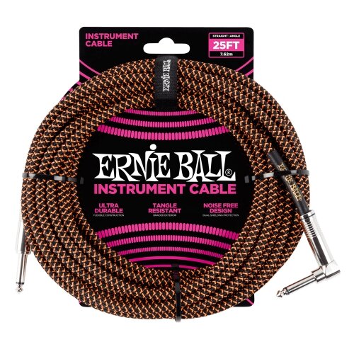 Ernie Ball kabel P06064 - 25FT(7,62m) BRAIDED 6,3mm - 6,3mm L instrument - BLACK/ORANGE boja Slike