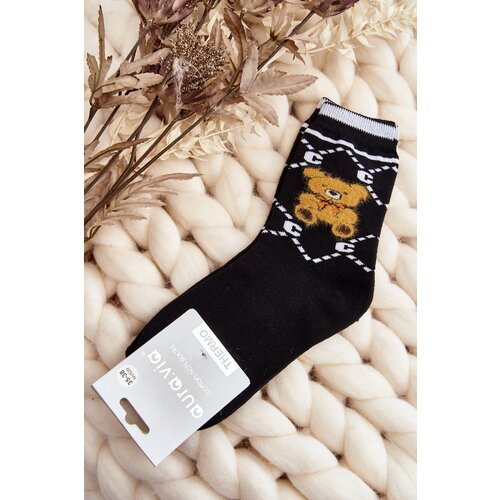 Aura.via Warm Cotton Socks with Bear Black Slike
