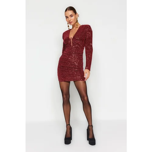 Trendyol Red Fitted Shiny Knitted Sequin Sequin Short Elegant Evening Dress